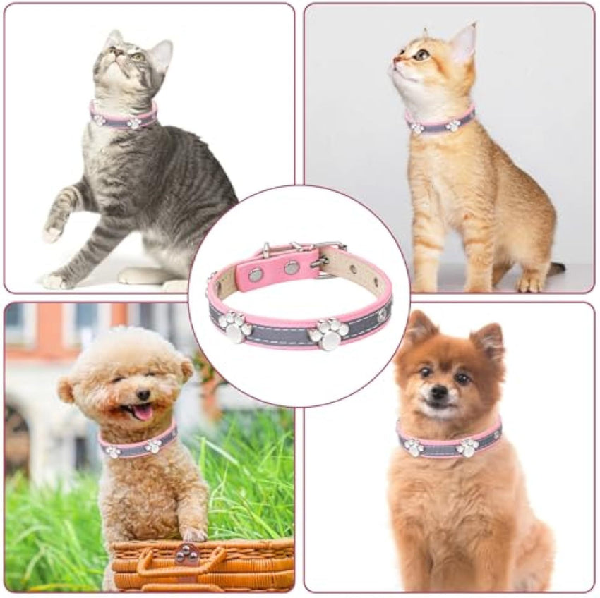 Reflective Dog Collar Leather Dog Collar For Small Medium Large Dogs Cats Adjustable Girl Puppy Dog Collars With Cute Paw Rivet