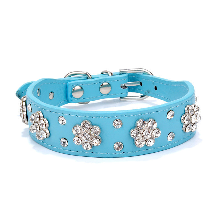 Cute PU Leather Dog Collar Rhinestone Flower Pattern Studded Width Fit Small And Medium Dogs