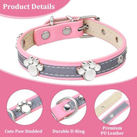 Reflective Dog Collar Leather Dog Collar For Small Medium Large Dogs Cats Adjustable Girl Puppy Dog Collars With Cute Paw Rivet