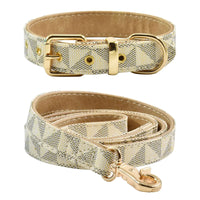 dog collar and leash - Leather Dog Collar and Leash Set Check Pattern Dog Collar Leashes Metal Buckle Adjustable Durable for Small Medium Large Dogs (White S(11.4 - 13.4IN)) - Petcharged