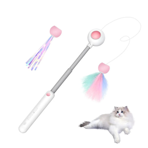 Cat Fishing Pole Toy Interactive Retractable Wand 2 Feather Tassels Teaser Exercise Smart Tail