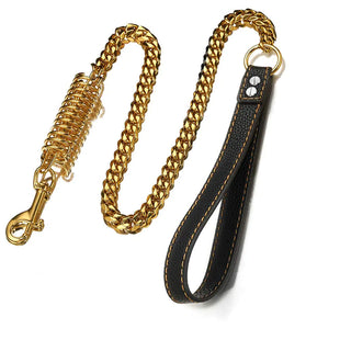 Dog Chain Leash - Dog Leash Heavy Duty Strong Chew Proof 15mm 1ft 2ft 3ft Chrome Stainless Steel Cuban Link Chain Labor-Saving Spring with Comfortable Leather Handle(Totally Length of 2FT) Gold