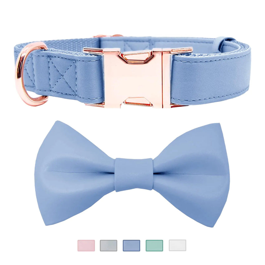 dog bow tie - Soft Leather Bowtie Dog Collar - Adjustable Cute Bow Tie Collar [Easy to Clean] with Stylish Rose Gold Heavy Duty Metal Buckle for Small Medium Large Dogs Blue XS - Petcharged
