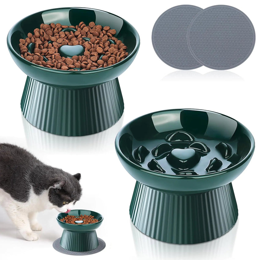 2 Pack Ceramic Raised Slow Feeder Cat Bowls Elevated Cat Food Bowls for Indoor Cats Small Dogs Anti Vomiting Cat Feeding Bowls for Dry Wet Food Lifted Porcelain Slow Feeder - Petcharged