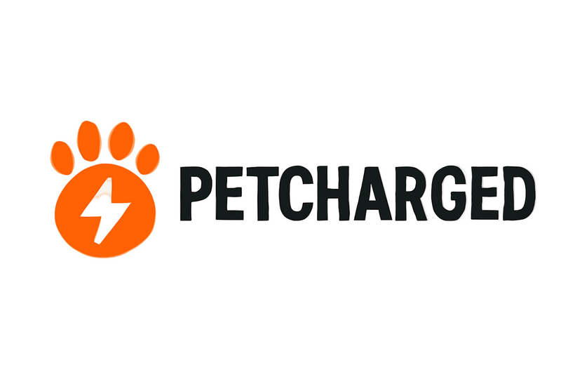 Logo of 'Petcharged' with an orange paw print and lightning bolt on a white background