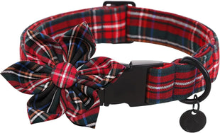 Dog Collar With Bow Tie - Dog Collar with Flower Christmas Red Plaid Dog Collar Cute Red Checked Dog Collar Adjustable Dog Collar for Small Medium Large Dog
