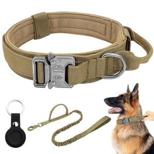 tactical dog collar- Tactical Dog Collar Adjustable Military Dog Collar Nylon Dog Collar with Control Handle Heavy Metal Buckle for Medium and Large Dogs with Airtags Case(M Brown-Set)