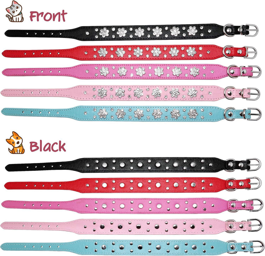 Cute PU Leather Dog Collar Rhinestone Flower Pattern Studded Width Fit Small And Medium Dogs