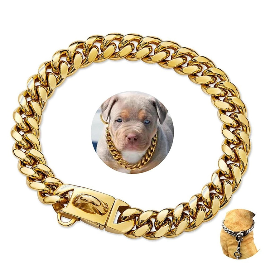 14mm Pet Dog Collar Stainless Steel Cuban Chain Lock Buckle Gold Silver