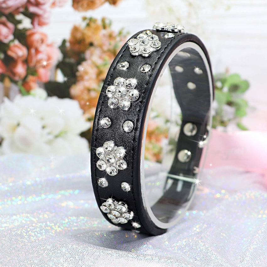 Cute PU Leather Dog Collar Rhinestone Flower Pattern Studded Width Fit Small And Medium Dogs