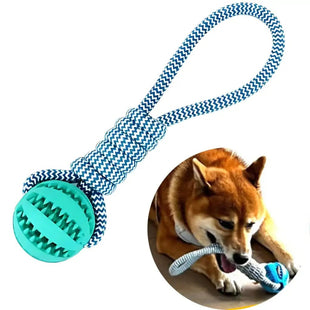 Ball and Rope Dog Toy Durable Rubber Treat Dispenser with Cotton Rope for Medium Large Dogs Blue