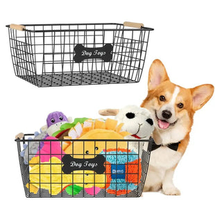 Basket for Dog Toys Set of 2 Metal Storage Bins Large and Medium Organizer with Wooden Handles Black