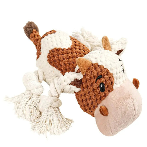 Big Dog Plush Toy Squeaky Cow for Large Dogs Durable Cotton Woven Legs Brown and White