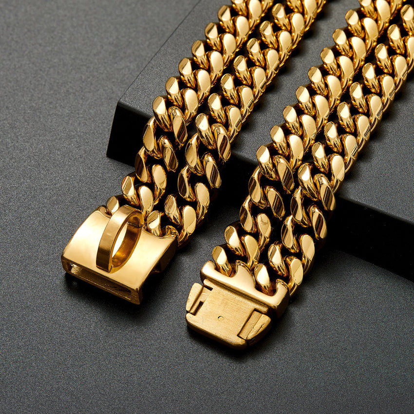 Double Row Gold ID Brand Metal Dog Chain Collar