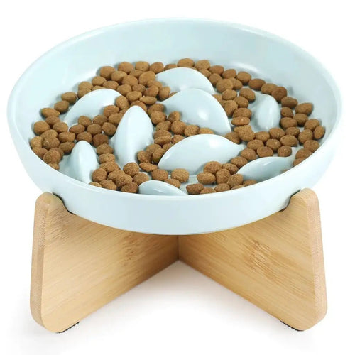 Cat Puzzle Feeder – Elevated Ceramic Slow Feeder Bowl with Stand (Fish Pool Design) - Petcharged