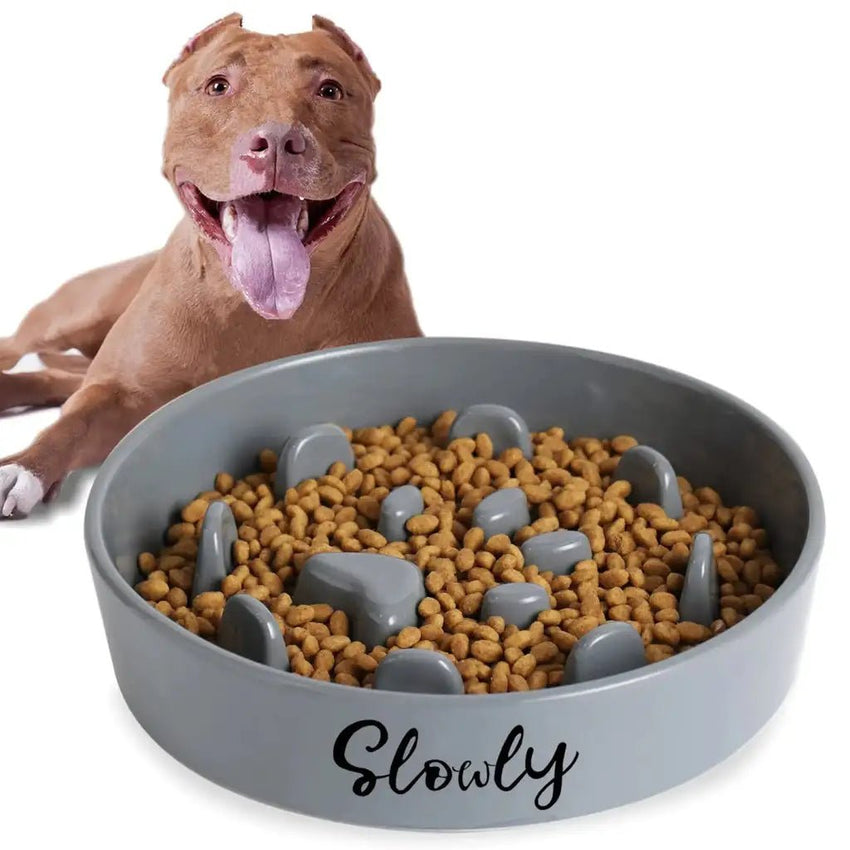 Ceramic Slow Feeder Dog Bowl – Farmhouse Grey, Lead Free, Dishwasher Safe - Petcharged