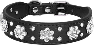 Cute PU Leather Dog Collar Rhinestone Flower Pattern Studded Width Fit Small And Medium Dogs