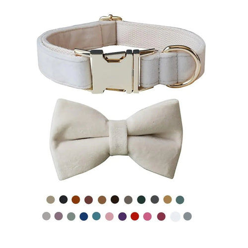 Dog Bow Tie Collar White Velvet Adjustable Large Size with Metal Buckle for Weddings and Parties