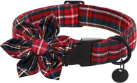 Dog Collar With Bow Tie - Dog Collar with Flower Christmas Red Plaid Dog Collar Cute Red Checked Dog Collar Adjustable Dog Collar for Small Medium Large Dog - Petcharged