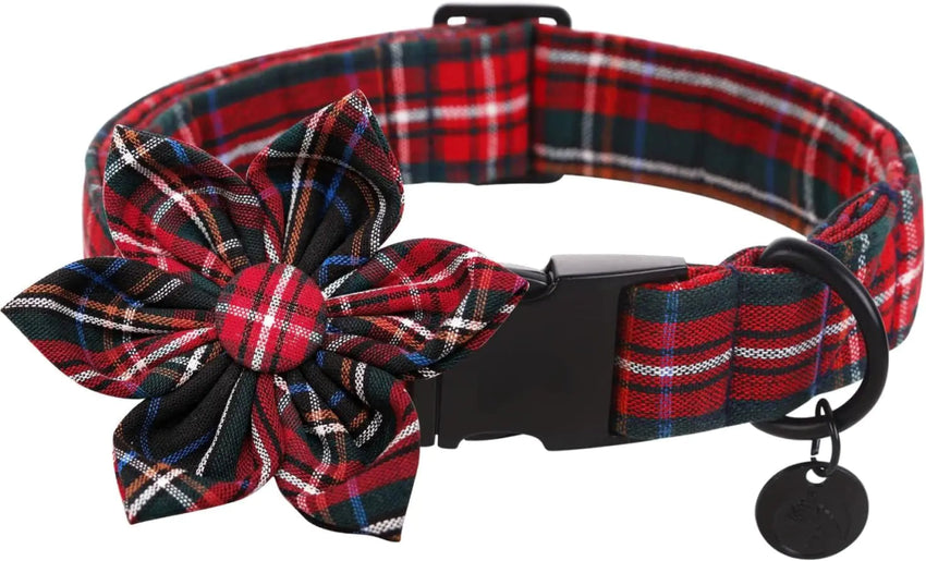 Dog Collar With Bow Tie - Dog Collar with Flower Christmas Red Plaid Dog Collar Cute Red Checked Dog Collar Adjustable Dog Collar for Small Medium Large Dog - Petcharged