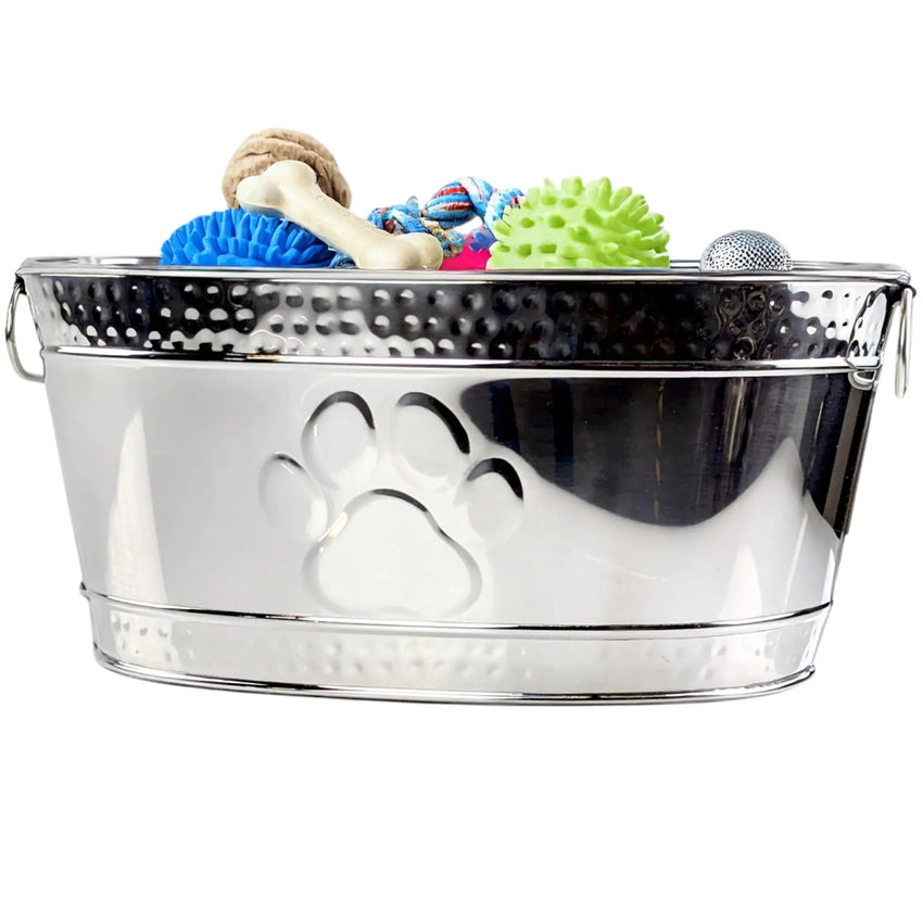 Dog Toy Basket - Metal Indestructible Dog Toy Bin - Steel Dog Toy Basket with Handles Pet Toy Box Oval for Blankets Leashes & Toys for Aggressive Chewers - Pawprint Design Home Decor (Silver) - Petcharged