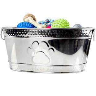 Dog Toy Basket - Metal Indestructible Dog Toy Bin - Steel Dog Toy Basket with Handles Pet Toy Box Oval for Blankets Leashes & Toys for Aggressive Chewers - Pawprint Design Home Decor (Silver) - Petcharged