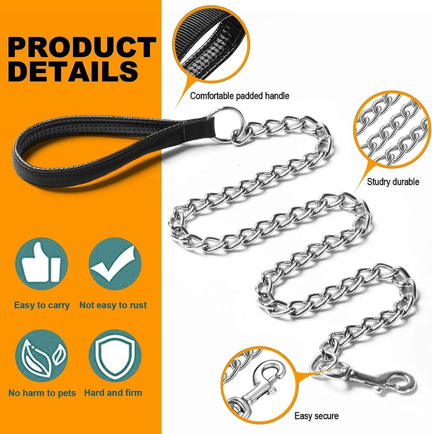 Heavy Duty Metal Dog Leash Chew Proof Pet Leash Chain With Soft Padded Handle For Large Medium Size Dogs