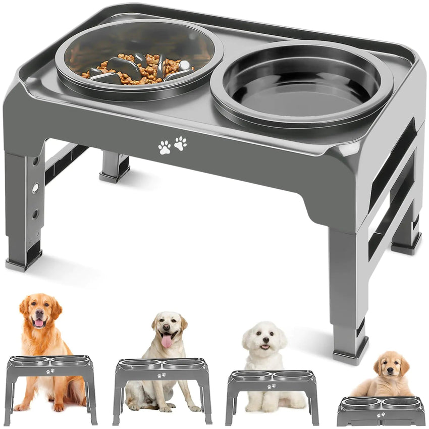 Elevated Slow Feeder Dog Bowl - 2 - in - 1 Dog Feeder with Slow Feeder Dog Bowls & Dog Water Bowl 4 Heights Adjustable Raised Dog Bowl Stand Non - Slip Dog Food Bowl for Medium Large Dogs Grey - Petcharged