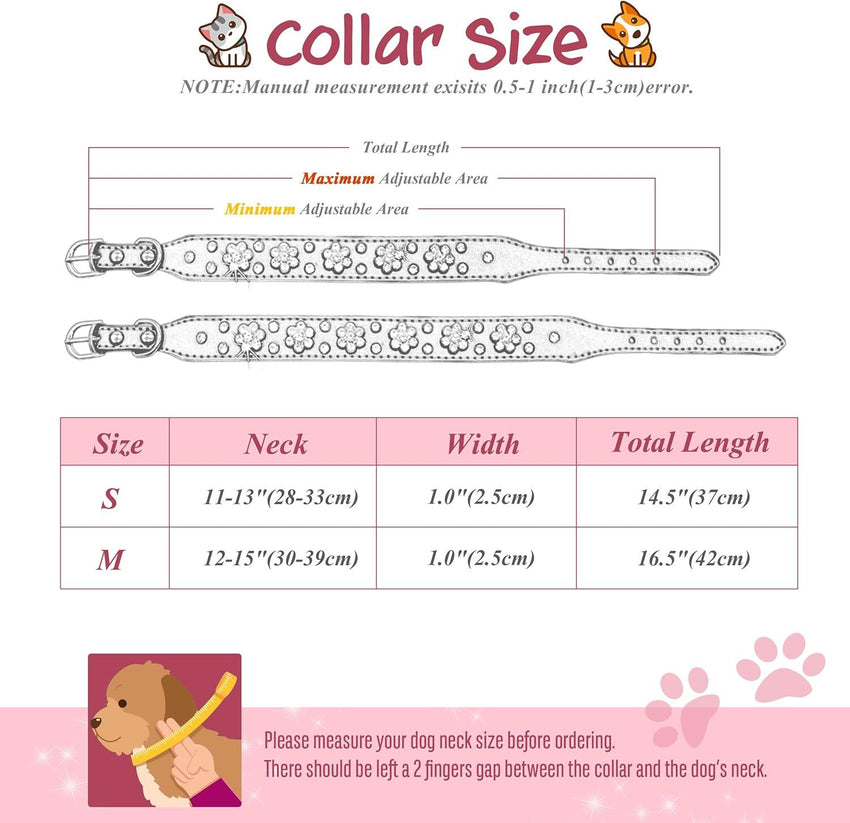 Cute PU Leather Dog Collar Rhinestone Flower Pattern Studded Width Fit Small And Medium Dogs