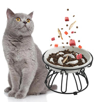 bowl of cat= Elevated Slow Feeder Cat Bowl - Ceramic Cat Food Bowl with Anti - Slip Metal Stand - Pastel Series Slow Feeding Cat Plate - Raised Cat Dish Maze Healthy Eating - Cat Puzzle Feeder - 7 OZ - Ivory White - Petcharged