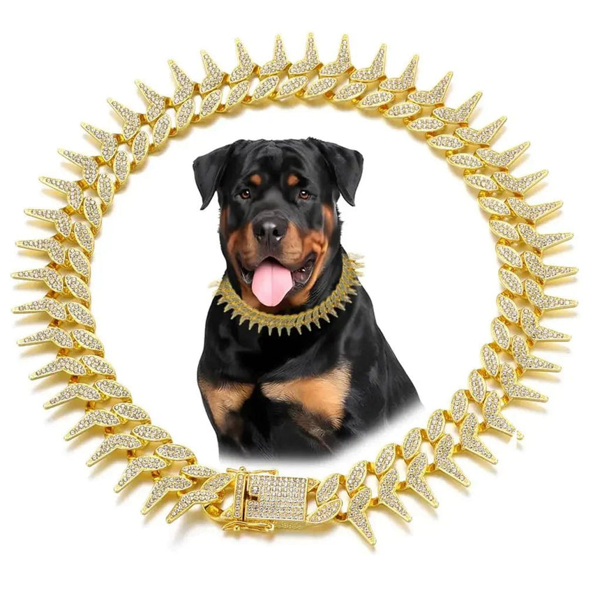 gold dog collar - Gold Dog Necklace Collar Cool Spiked Style Bling Dog Chain Diamond Cuban Link Dog Collars Glitter Rhinestone Puppy Collar for XXS XS Small Medium Large Pet Dogs Cats 10 - Inch - Petcharged